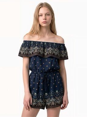 Xhilaration Navy Off-Shoulder Boho Festival Romper Womens Size XL